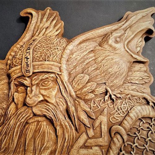 Viking Wood Carving Odin with Huginn and Muninn Norse God ForefathersArt